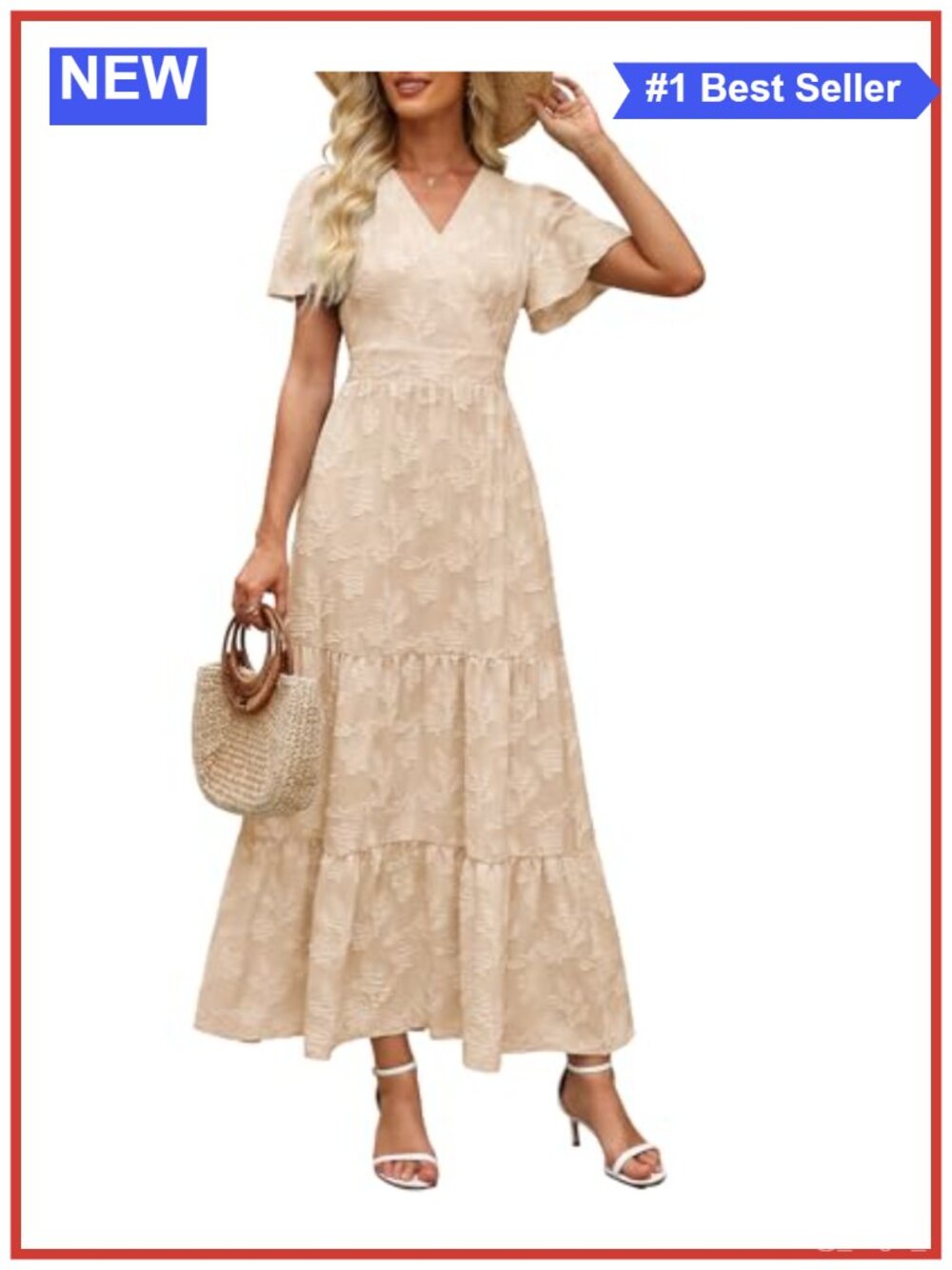 Womens Boho Floral Maxi Dress Flutter Sleeve V Neck Tiered A Line Beach Wedding